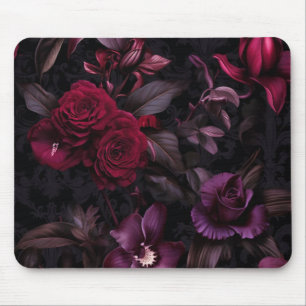 Tapis De Souris Flore foncé Moody Élégant Noir & Bourgogne