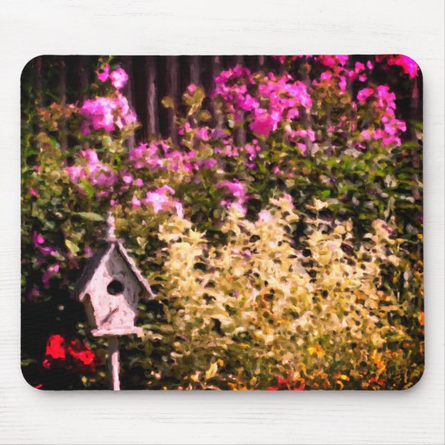 Tapis De Souris Flower Garden Birdhouse Pastel Peinture (Devant)