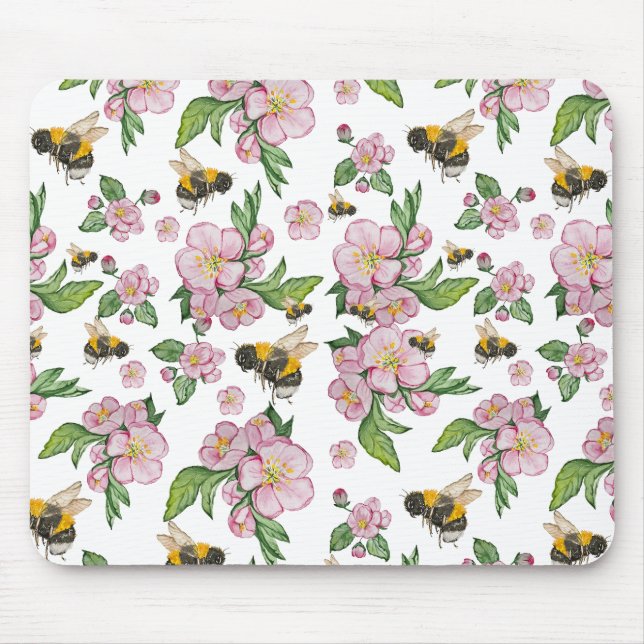 Tapis De Souris Flower pomverger avec abeilles aquarelle timon (Devant)