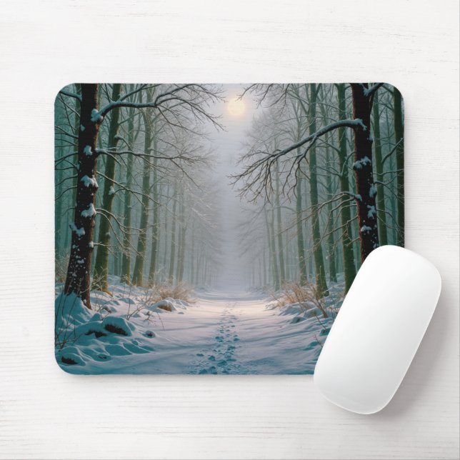 Tapis De Souris Footprints In a Snowy Forest Lit By Moonlight (Avec souris)
