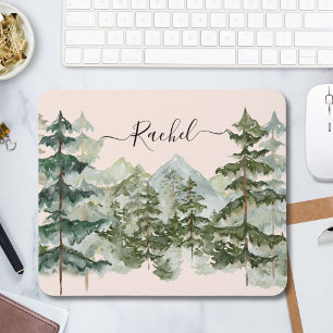 Tapis De Souris Forêt de pins de montagne à l'aquarelle et monogra