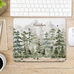 Tapis De Souris Forêt de pins verte aquarelle sur montagne