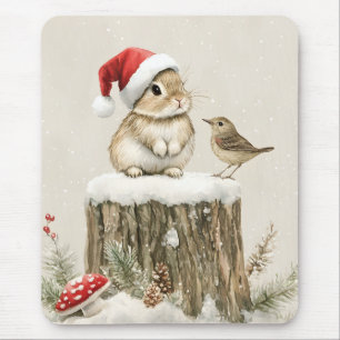 Tapis De Souris Forêt enneigée Bois hivernal Noël Lapin Oiseau