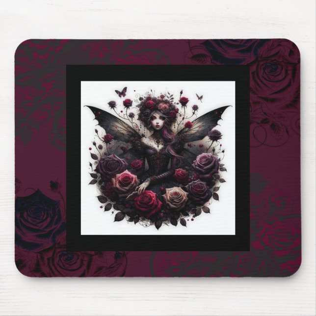 Tapis De Souris Forêt gothique foncée Fée Florale Rose Bourgogne (Devant)