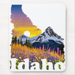 Tapis De Souris Forme de l'Idaho avec montagne et fleurs sauvages