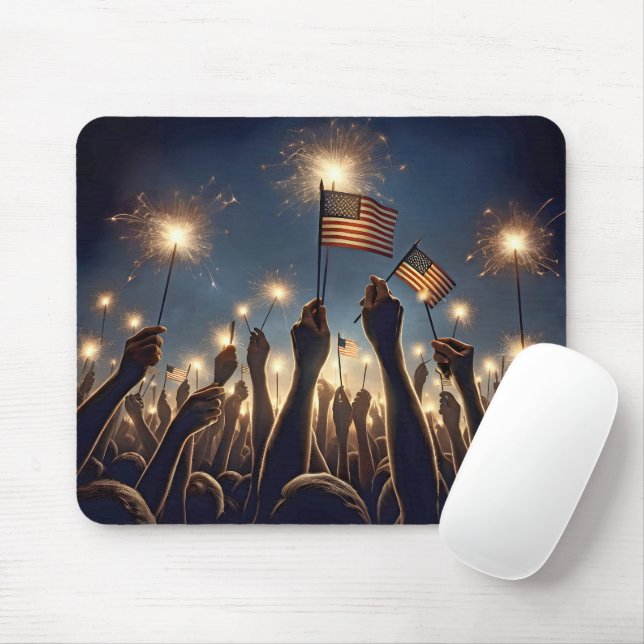 Tapis De Souris Foule avec des drapeaux américains et des étincela (Avec souris)