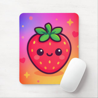Tapis De Souris Fraise Kawaii souriante sur Pastel Gradient Backg