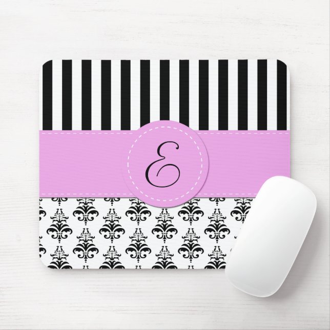 Tapis De Souris Français Damas, Grilles, Noir et Blanc, Monogramme (Avec souris)