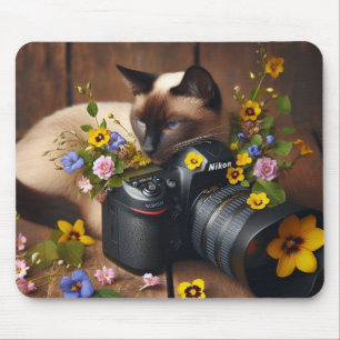 Tapis De Souris Fun Kitty avec Fleurs et Caméra Mousepad