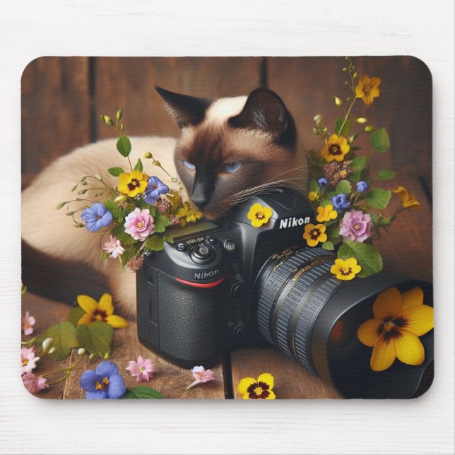 Tapis De Souris Fun Kitty avec Fleurs et Caméra Mousepad (Devant)