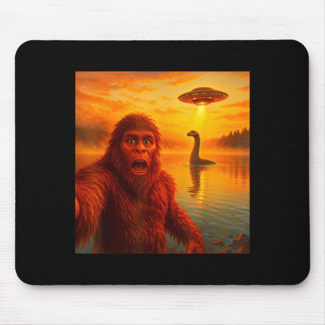 Tapis De Souris Funny Bigfoot Selfie With Loch Ness Monster And Uf (Devant)