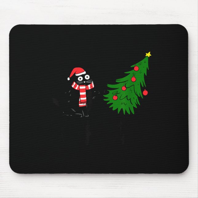 Tapis De Souris Funny Black Cat Gift Pushing Christmas Tree Over C (Devant)