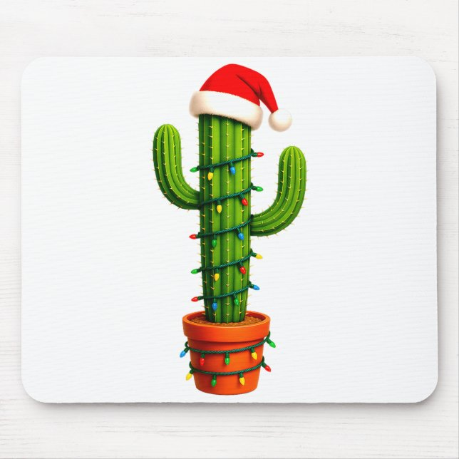 Tapis De Souris Funny Cactus Santa Hat Xmas Tree Lights Merry Chri (Devant)