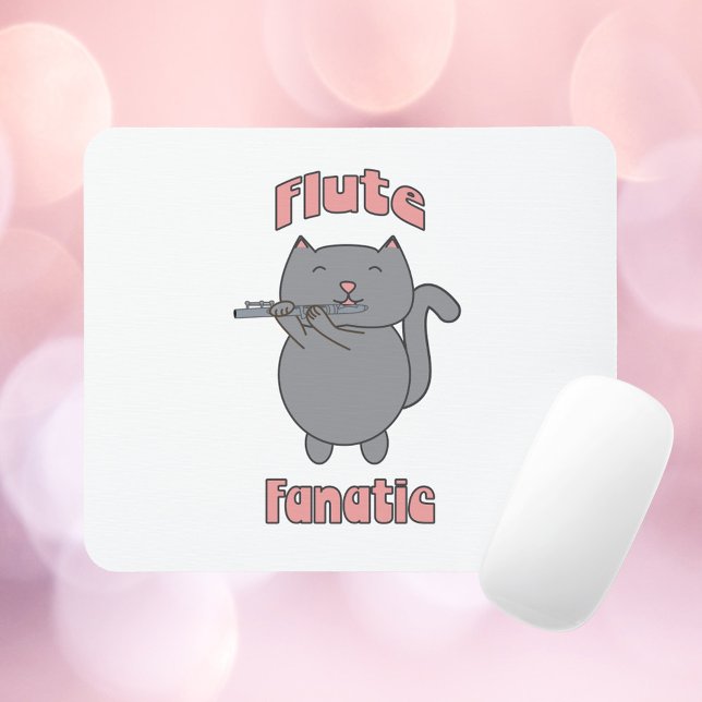 Tapis De Souris Funny Cat Playing Flute Music Lover Musician Carto (A mousepad featuring a gray cat playing the flute with the words Flute Fanatic in pink.)