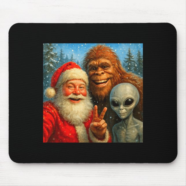 Tapis De Souris Funny Cat Selfie With Santa Claus &amp; Bigfoot Me (Devant)