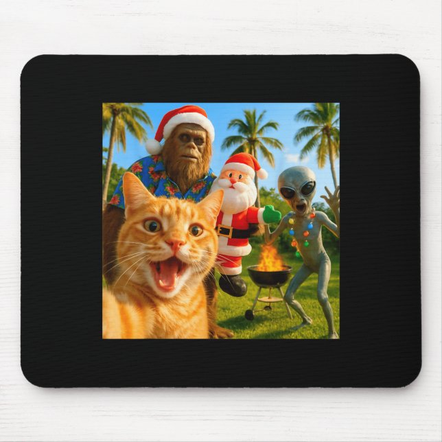 Tapis De Souris Funny Christmas Cat Selfie With Bigfoot &amp; Alie (Devant)