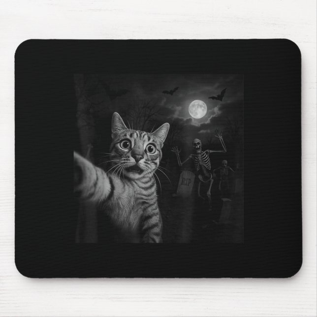 Tapis De Souris Funny Halloween Surprised Ed Cat Selfie Soky Skele (Devant)