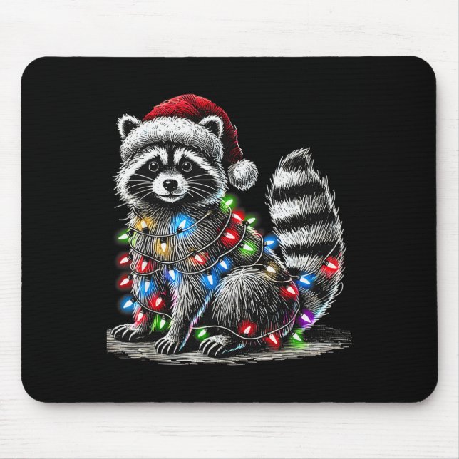 Tapis De Souris Funny Raccoon Santa Hat Christmas Tree Lights Paja (Devant)