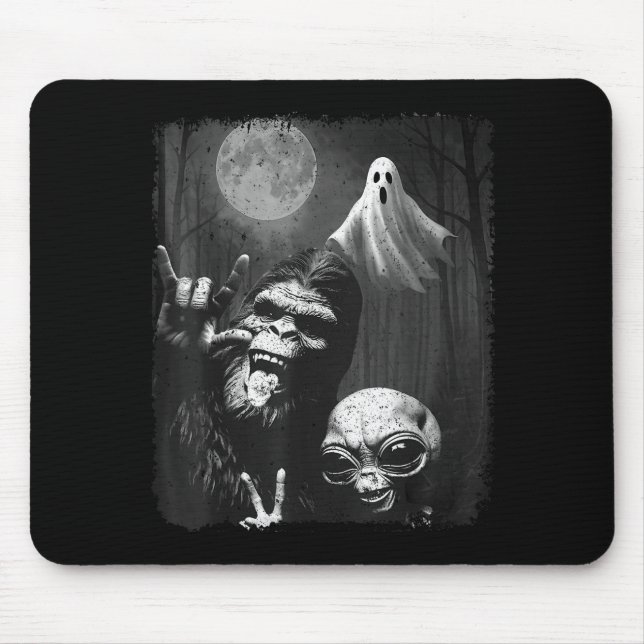 Tapis De Souris Funny Sasquatch &amp; Alien Rock On Hand Sign Ghos (Devant)