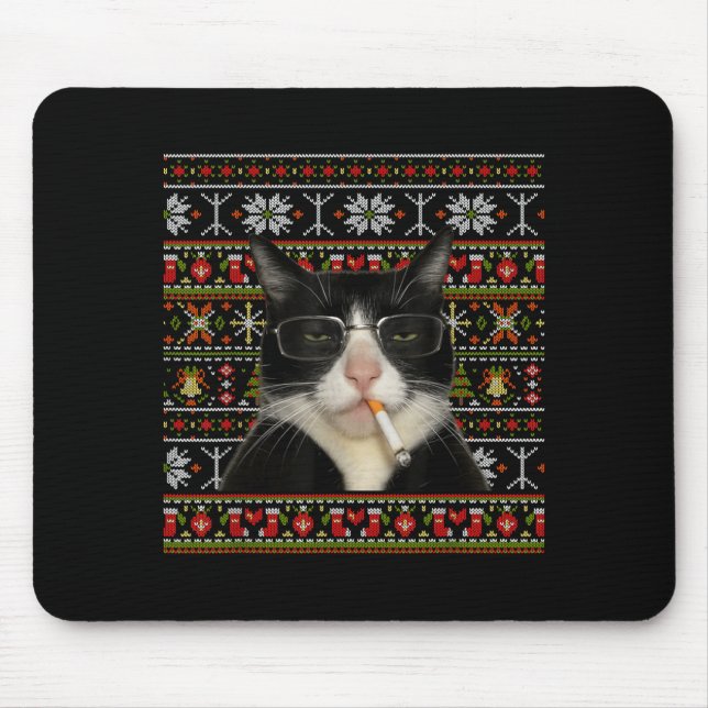 Tapis De Souris Funny Smoking Cat Meme Christmas Ugly Sweater Cat  (Devant)