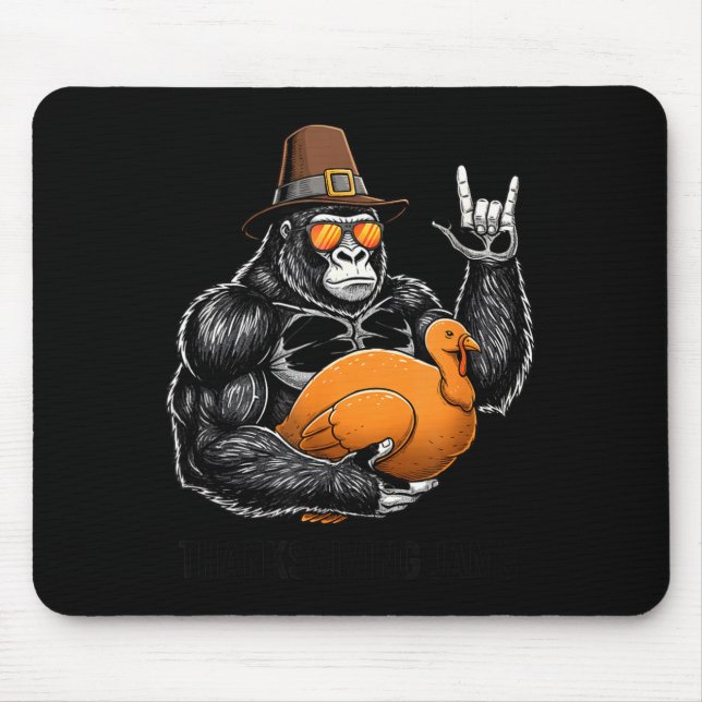 Tapis De Souris Funny Thanksgiving Gorilla Holding Turkey Lgrim Ha (Devant)