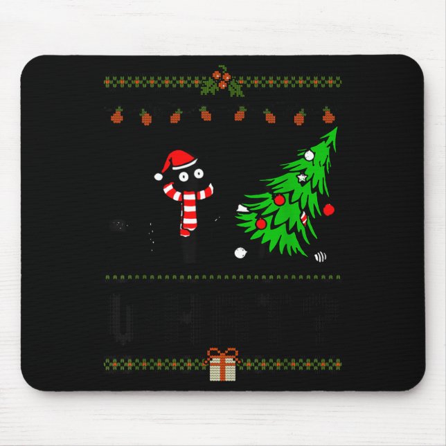 Tapis De Souris Funny Xmas Black Cat Pushing Christmas Tree Over C (Devant)