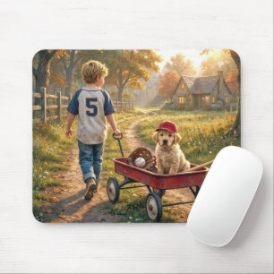 Tapis De Souris Garçon avec un chariot rouge et chiot retriever do
