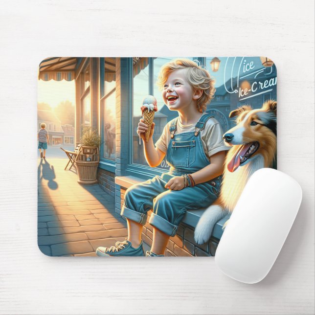 Tapis De Souris Garçon mangeant du cône de crème glacée (Avec souris)