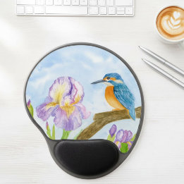 Tapis De Souris Gel Watercolor Kingfisher with Purple Irises 