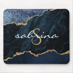 Tapis De Souris Géode d'agate bleu marine Monogramme