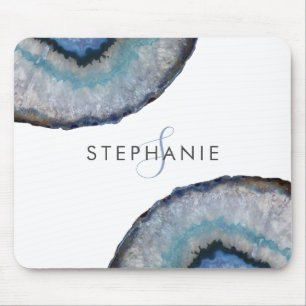 Tapis De Souris Géode de monogramme en agate grise bleue élégante