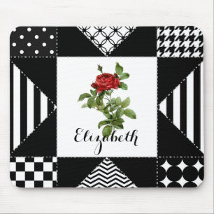 Tapis De Souris Géométrie en noir et blanc avec Rose rouge et nom