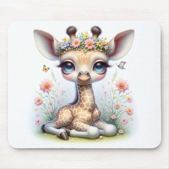 Tapis De Souris Girafe Fille Bébé Avec Fleurs Roses (Devant)