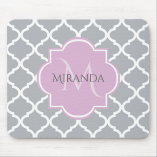 Tapis De Souris Girl Grey Quatrefoil Lavender Monogramme et nom