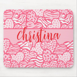 Tapis De Souris Girly Blush Rose mignon Animal Imprimer Coeurs Nom