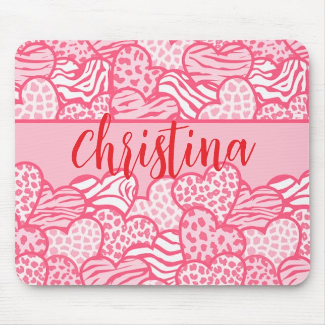 Tapis De Souris Girly Blush Rose mignon Animal Imprimer Coeurs Nom (Devant)