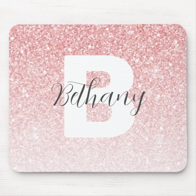 Tapis De Souris Girly Pink Glitter Sparkles Monogram Script Name (Devant)