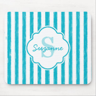 Tapis De Souris Girly Turquoise Peint Stripes Monogramme et nom