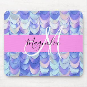 Tapis De Souris Glam Iridescent Écailles de Sirène Monogramme Nom