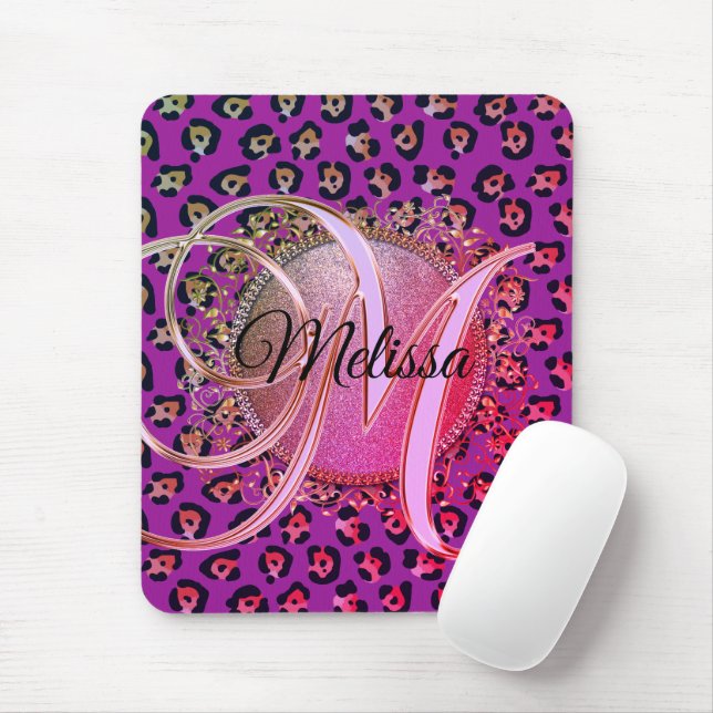 Tapis De Souris Glam Leopard rose et violet Monogramme (Avec souris)