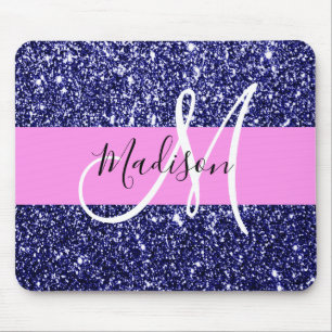 Tapis De Souris Glam Rose Bleu Nuit Paillettes Paillettes Nom Mono