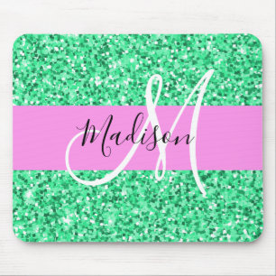Tapis De Souris Glamour Rose et Vert Paillettes Monogramme Nom