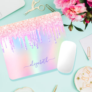 Tapis De Souris Glitter Iridescent unicorn rainbow monogram name