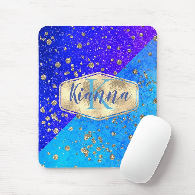 Tapis De Souris Glittery Dreamy Blue Monogramme Personnalisé (Avec souris)