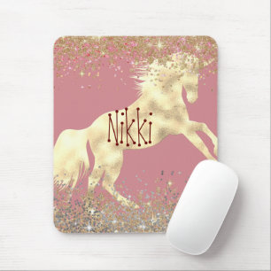 Tapis De Souris Glittery Gold Unicorne sur rose Personnalisé