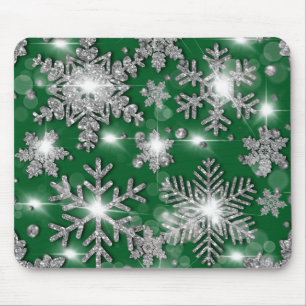Tapis De Souris Glittery silver green festive snowflake pattern