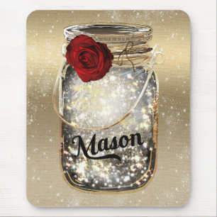 Tapis De Souris Gold Sparkle Glam Red Rose Mason Jar