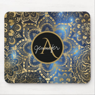 Tapis De Souris Gold watercolor and nebula mandala Blue Monogram