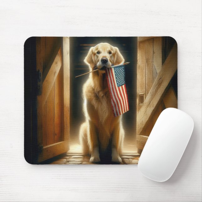 Tapis De Souris Golden Retriever avec drapeau américain (Avec souris)