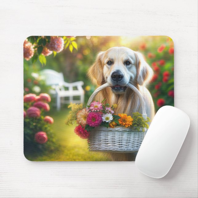 Tapis De Souris Golden Retriever avec panier à fleurs (Avec souris)